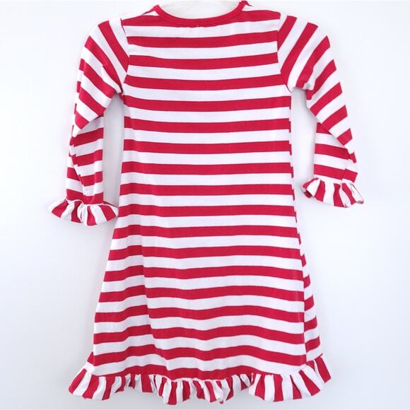 Girls Santa Dress Red White Stripe, Ruffle Trim Sleeves, Fits Like Medium/8 - Picture 3 of 4